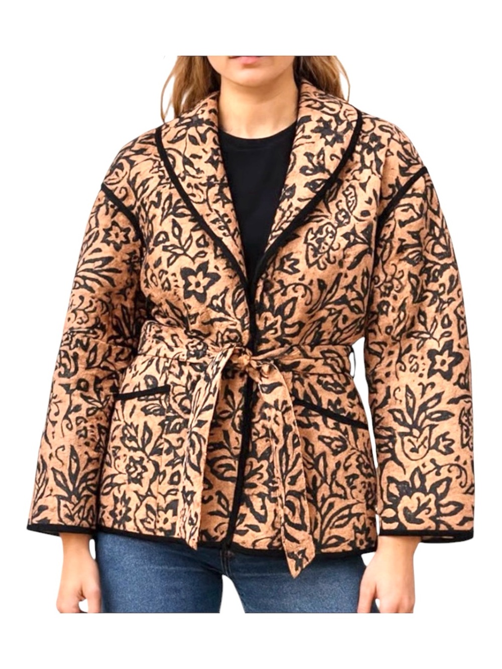 Bagatelle New York Camel Tan Quilted Floral Belted Jacket